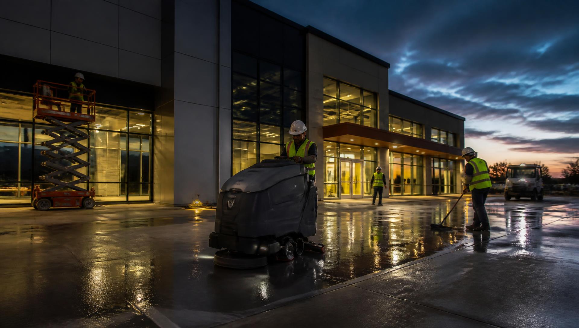 Cleaning crew in PPE working on a commercial development nearing completion